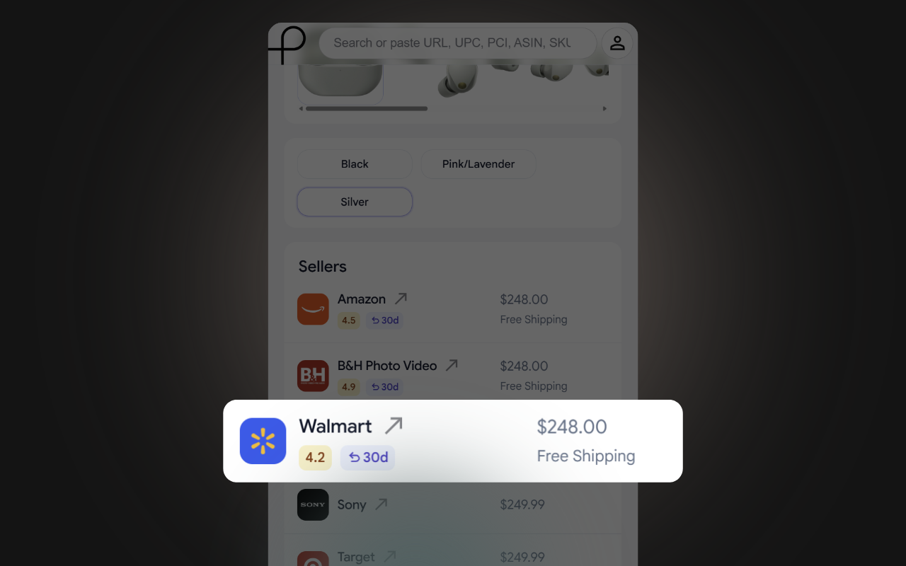 PriceCheck sidebar showing cross store price and ratings comparison across Amazon, Target, and Walmart